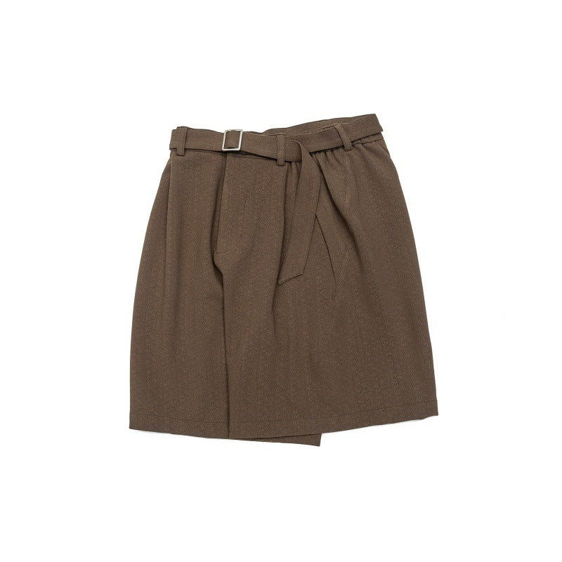 Micro wrinkled texture oblique segmentation active pleats hanging feeling ribbon suit shorts