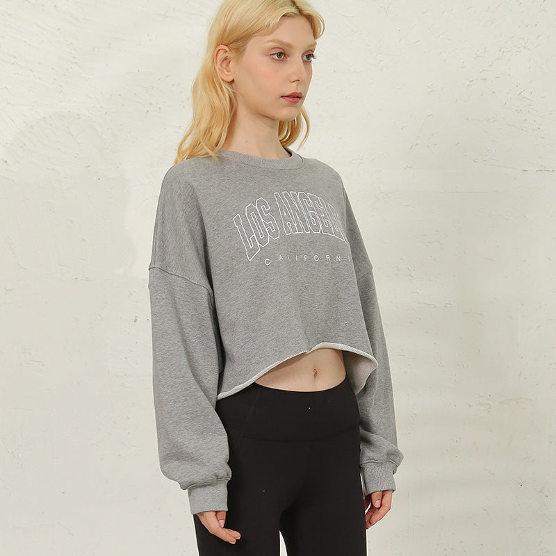 Gray Hoodie Short Length Exposed Waist Casual Drop Shoulder Women's Autumn Spring  Sport Style Loose Crop Top Long Sleeve Top