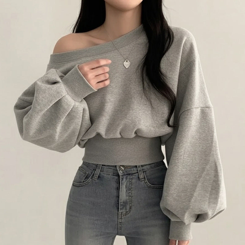 pure desire wind asymmetrical neckline off-shoulder fitted hoodie long sleeve casual top for women