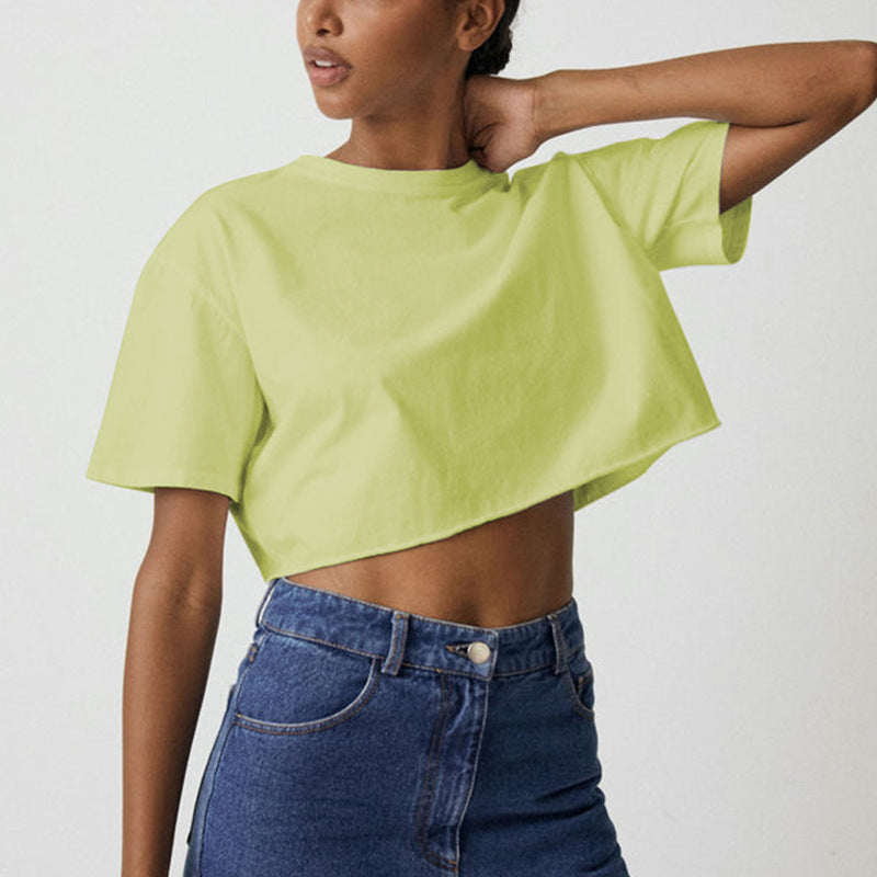 Crop Top Women Spicy Sport Style Round Neck Short Sleeve T-Shirt Pure Cotton Short Length Top Summer