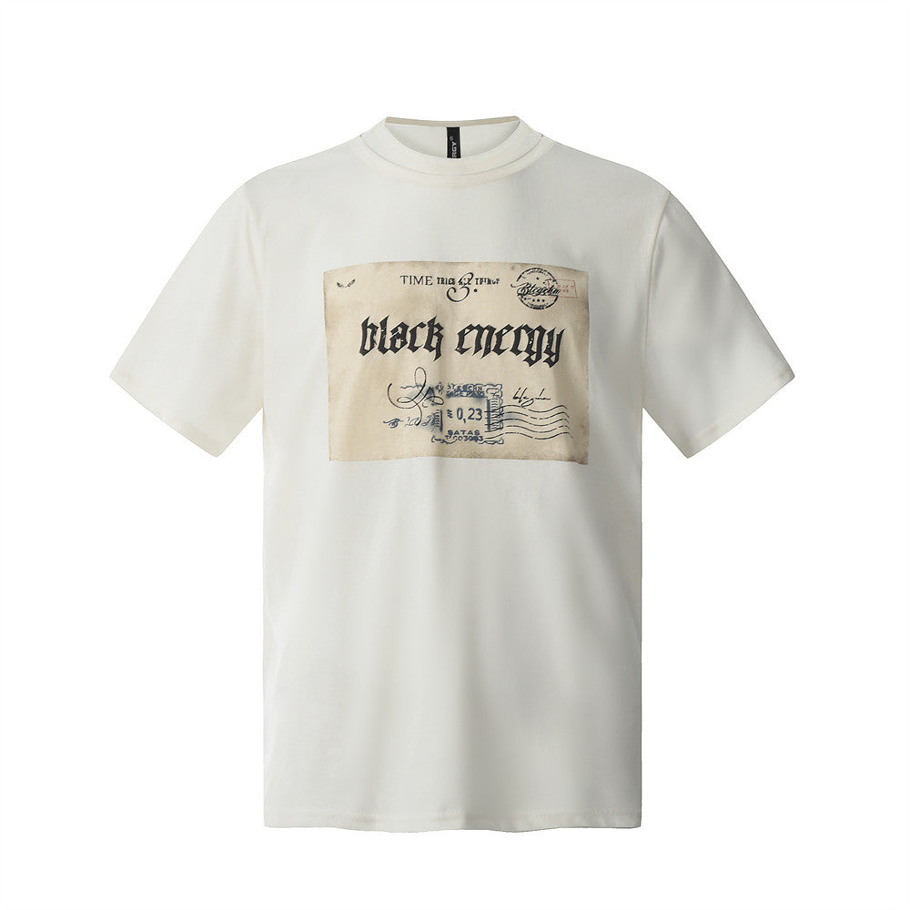 Vintage Postcard Print Short Sleeve T-Shirt Men's Summer Loose Street Casual Crew Neck Half Sleeve Top