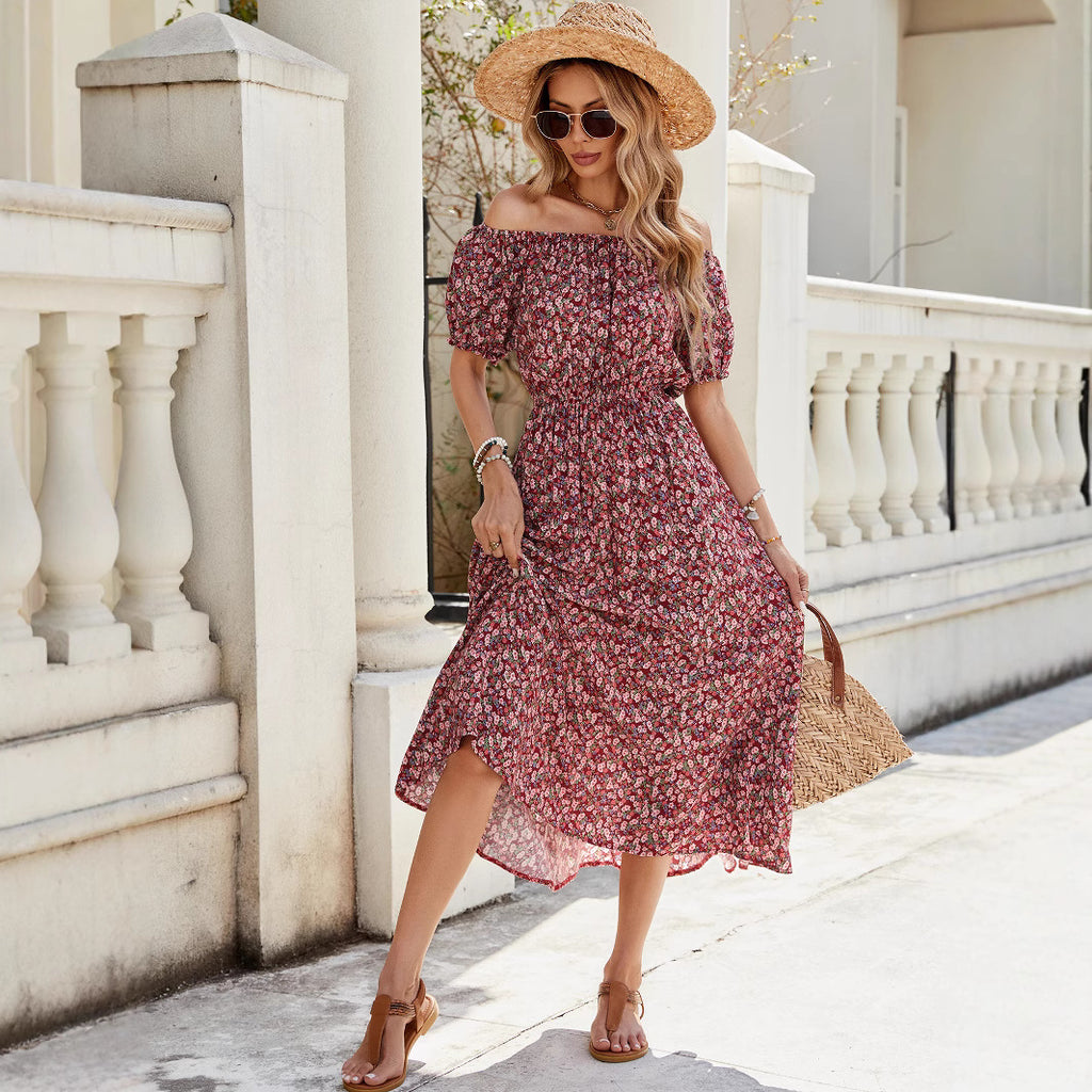 Spring Summer Women's Vacation Small Floral One-Shoulder Short Sleeve Dress Waist-Cinched Cotton Satin Rayon Mid-Length Dress