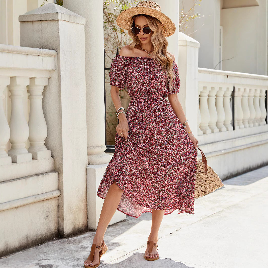 Spring Summer Women's Vacation Small Floral One-Shoulder Short Sleeve Dress Waist-Cinched Cotton Satin Rayon Mid-Length Dress