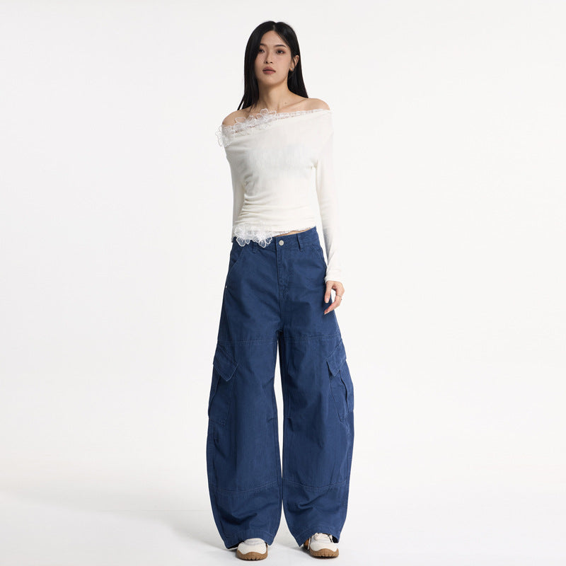 Streetwear Deconstructed Distressed Wide-Leg Cargo Pants for Women, Loose Floor-Length Casual Knife-Edge Trousers