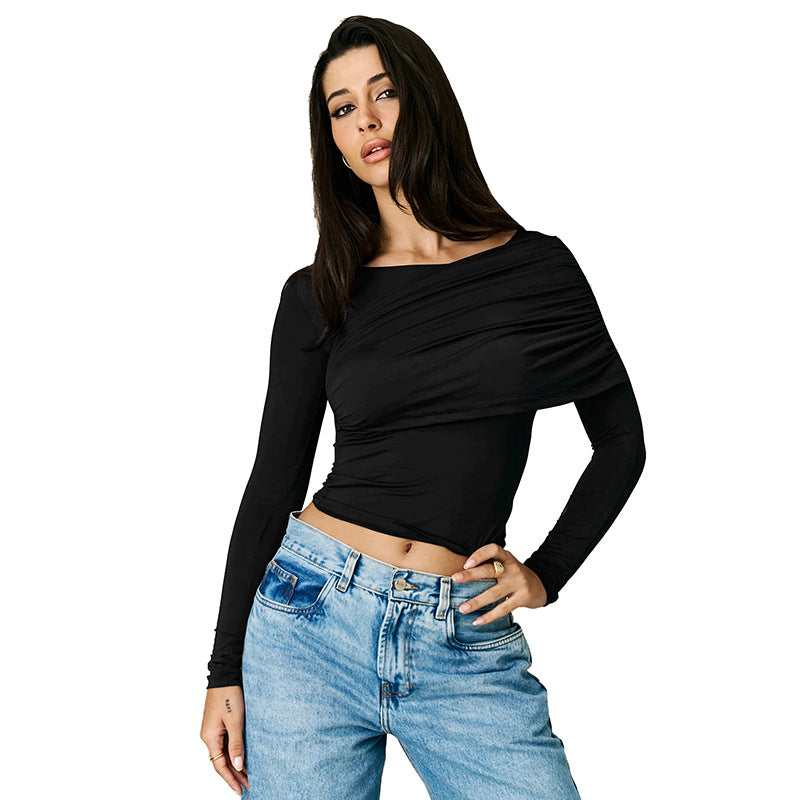 Irregular Solid Color Sexy Long Sleeve T-Shirt Top