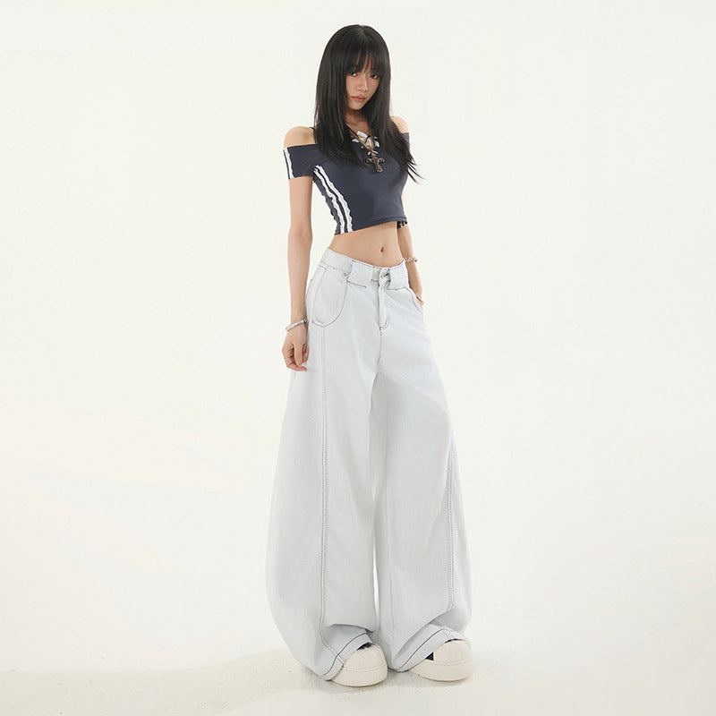 Low-Waist Knife-Edge White Jeans for Women Summer New Loose Straight High Street Wide Leg Pants