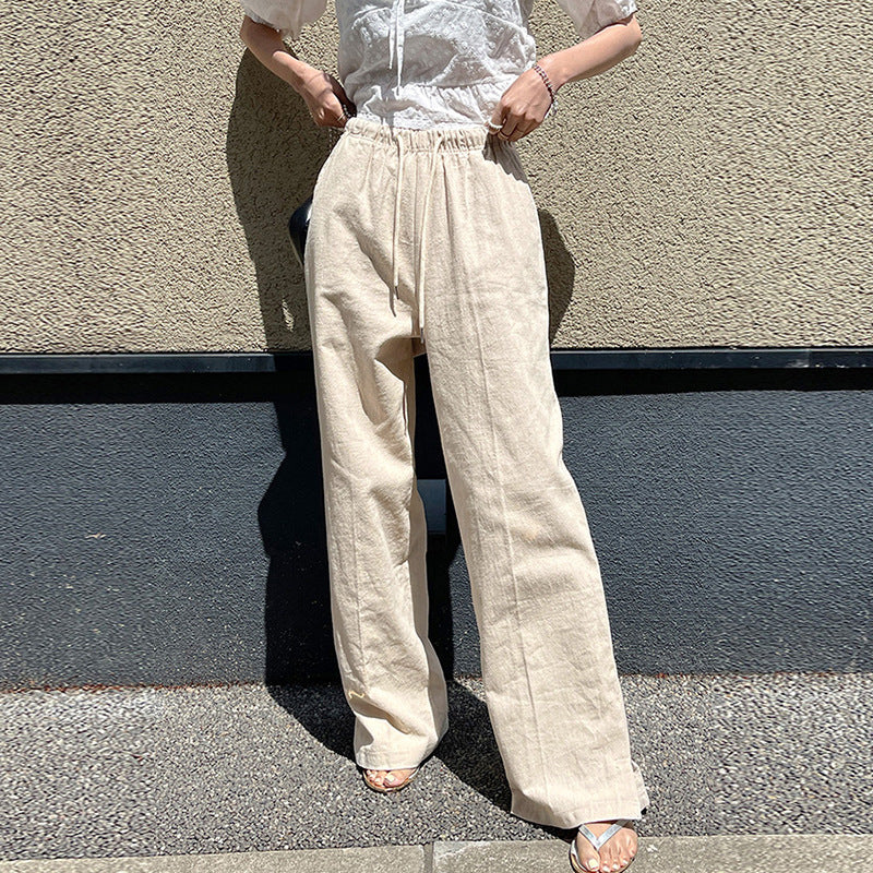 Cotton Linen High-Waist Drawstring Elastic Waist Casual Pants Women Loose Ankle-Length Trousers Summer New Breathable Slimming Straight Leg Pants