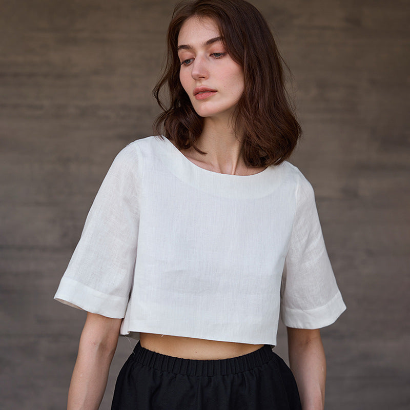 Short Linen Top Mid-Sleeve Women's Summer Round Neck Five-Quarter Sleeve Shirt Cool Casual Simple T-Shirt