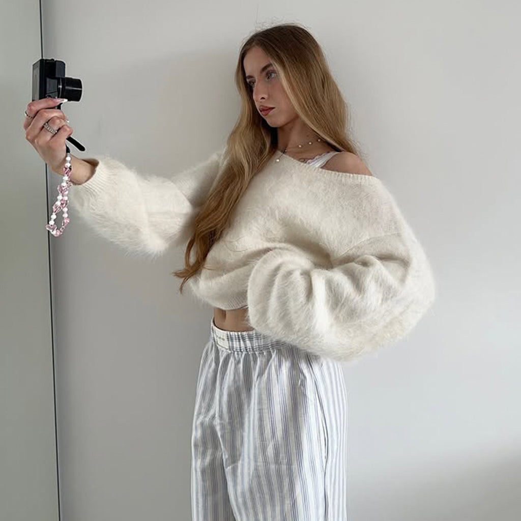Oversized Crewneck Mink Fur Knit  Loose Solid Color Women's Sweater