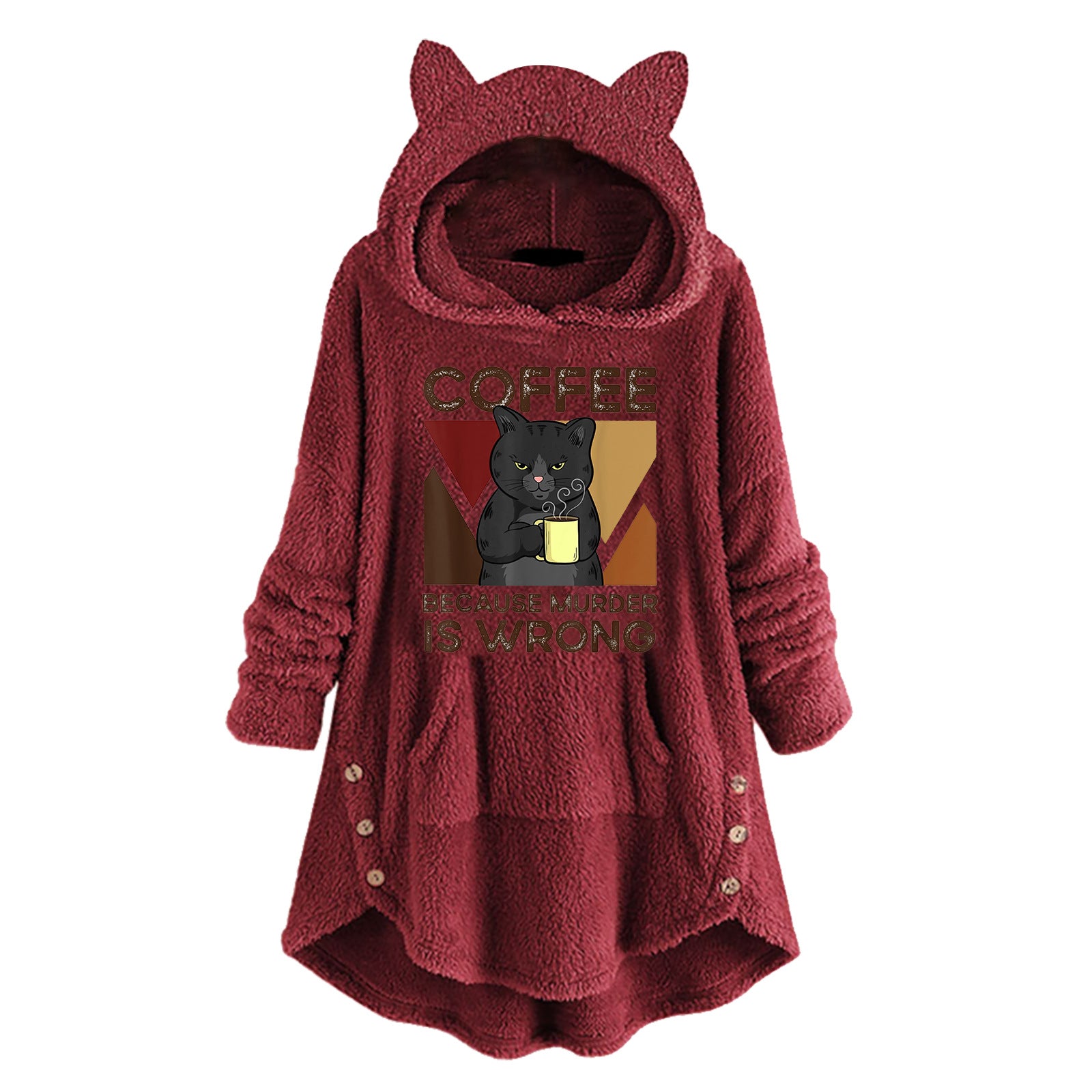 Fleece Hooded Long Sleeve Sweatshirt with Cat Ears and Print Pattern