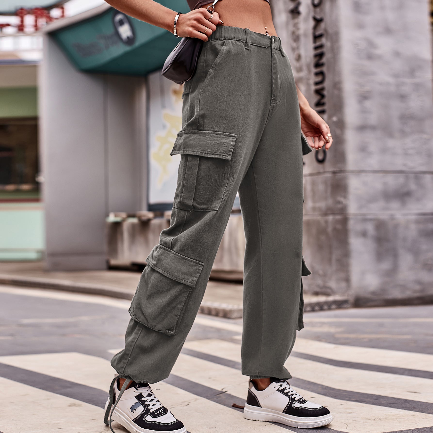 Women's Loose Drawstring Design Denim Work Pants Casual Sports