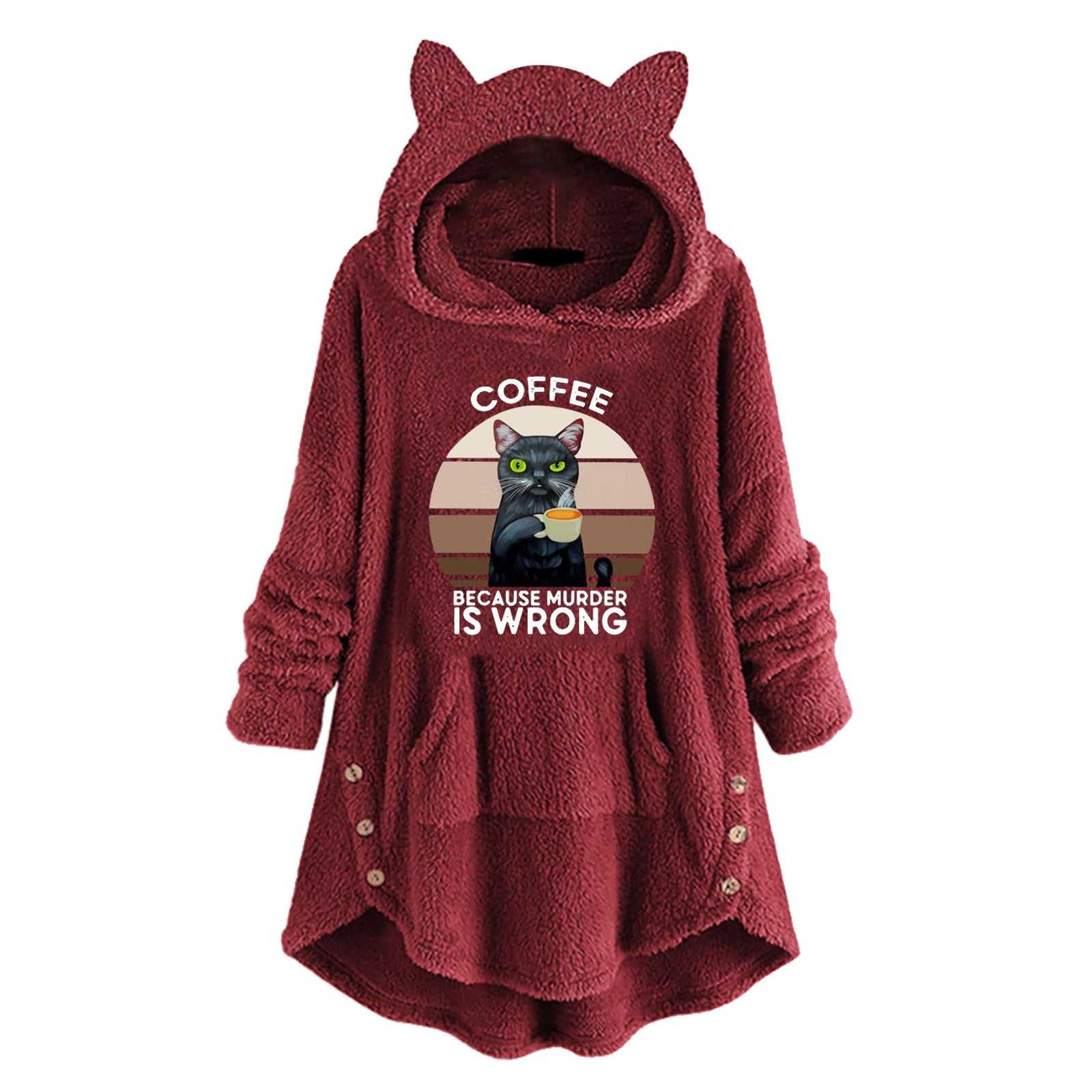 Fleece Hooded Long Sleeve Sweatshirt with Cat Ears and Print Pattern
