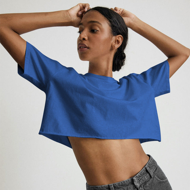 Crop Top Women Spicy Sport Style Round Neck Short Sleeve T-Shirt Pure Cotton Short Length Top Summer