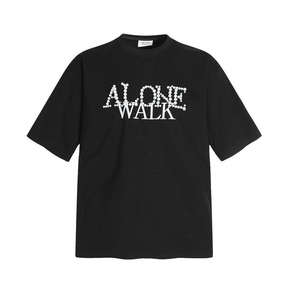 Design Sense Beaded Embroidered Letter Short Sleeve T-Shirt INS   Trend Loose Casual Round Neck Tee for Men