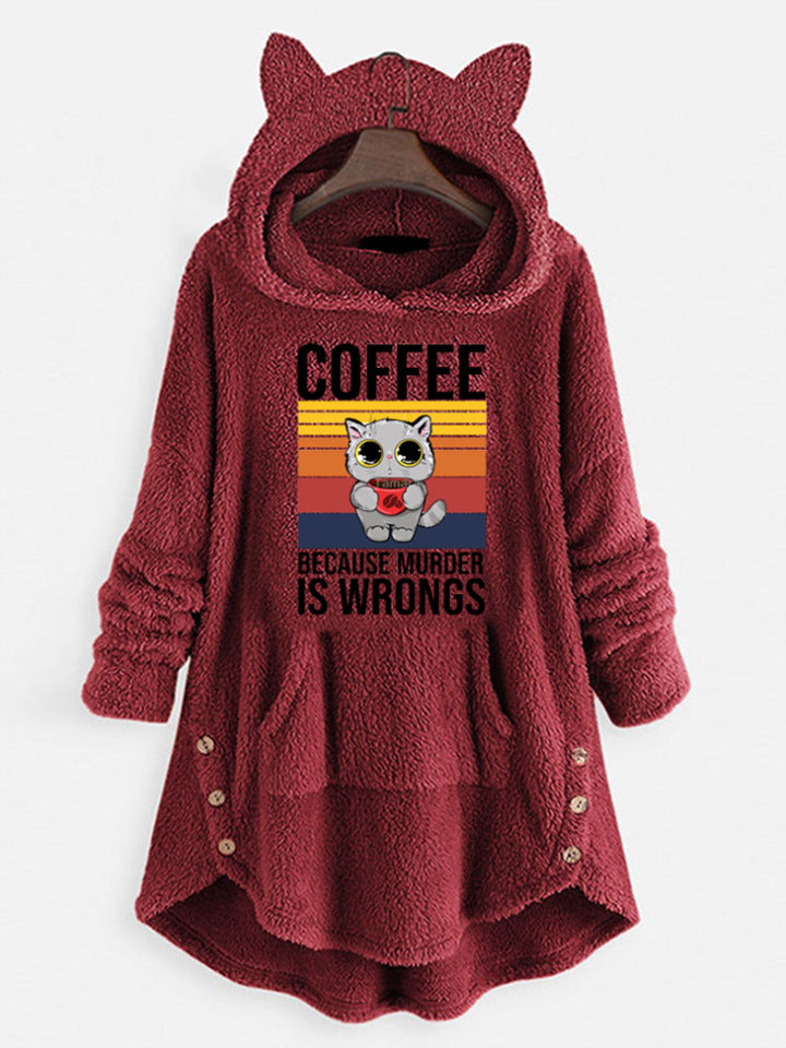 Fleece Hooded Long Sleeve Sweatshirt with Cat Ears and Print Pattern