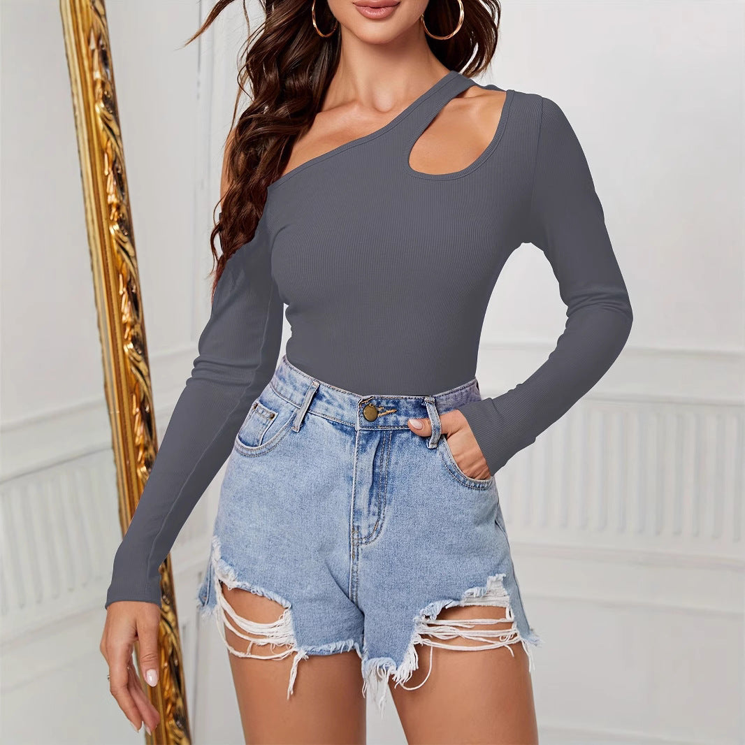 Elegant Off-the-Shoulder Long Sleeve Irregular Knit T-Shirt Women's Slim Fit