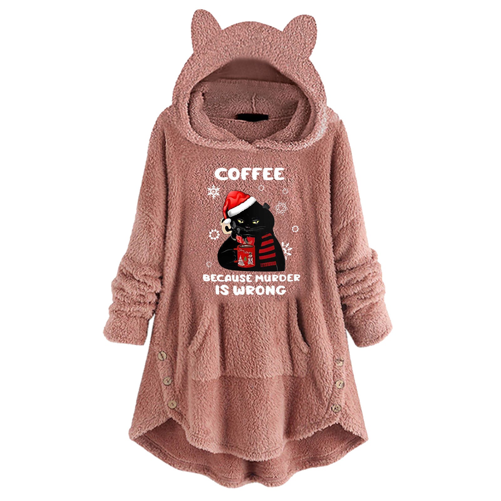 Fleece Hooded Long Sleeve Sweatshirt with Cat Ears and Print Pattern