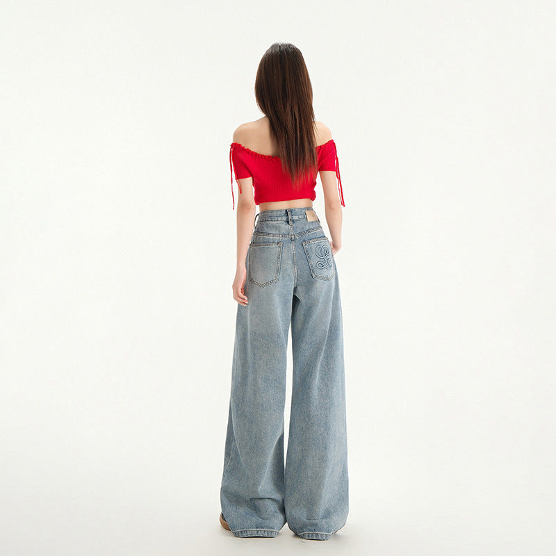 Women's Wide Leg Jeans Loose Drape Washed Straight Leg Floor Length Pants