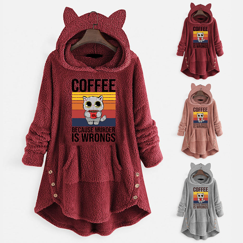 Fleece Hooded Long Sleeve Sweatshirt with Cat Ears and Print Pattern