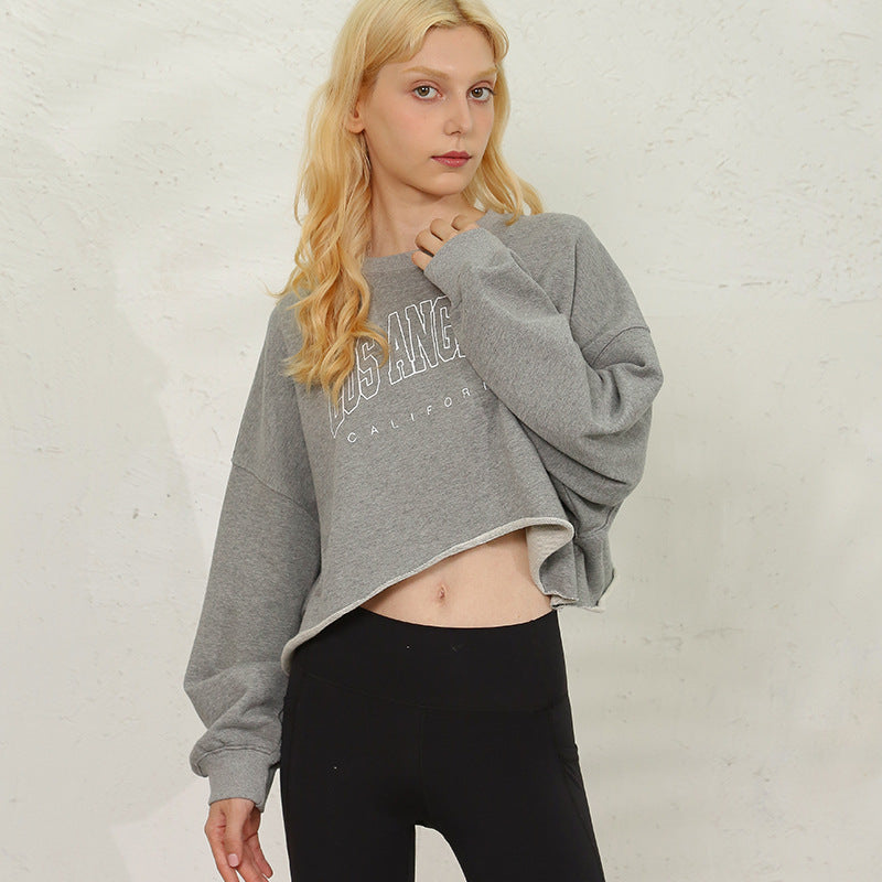 Gray Hoodie Short Length Exposed Waist Casual Drop Shoulder Women's Autumn Spring  Sport Style Loose Crop Top Long Sleeve Top