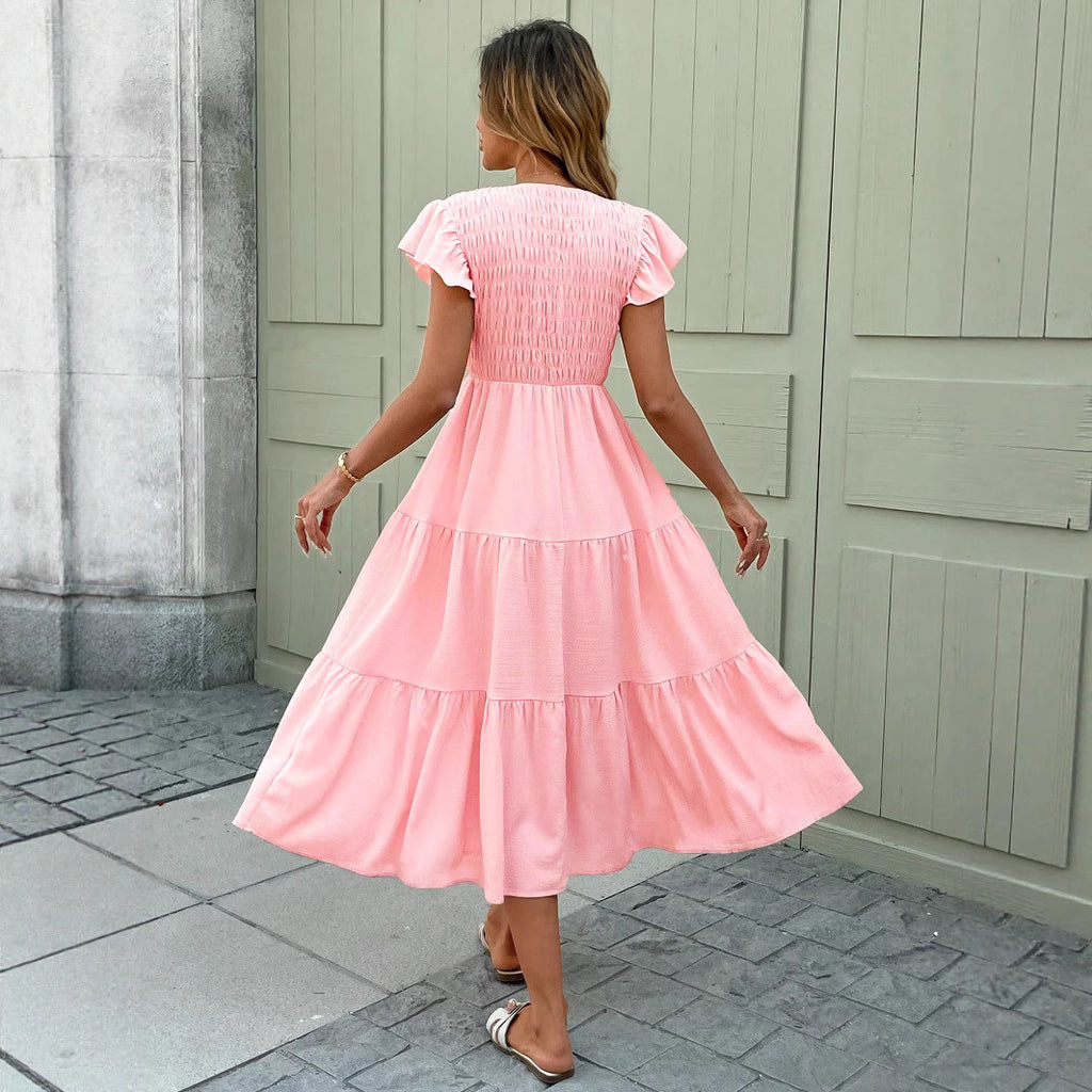 Style Flounce Layered Short Sleeve A-line Dress with Ruffle Sleeves