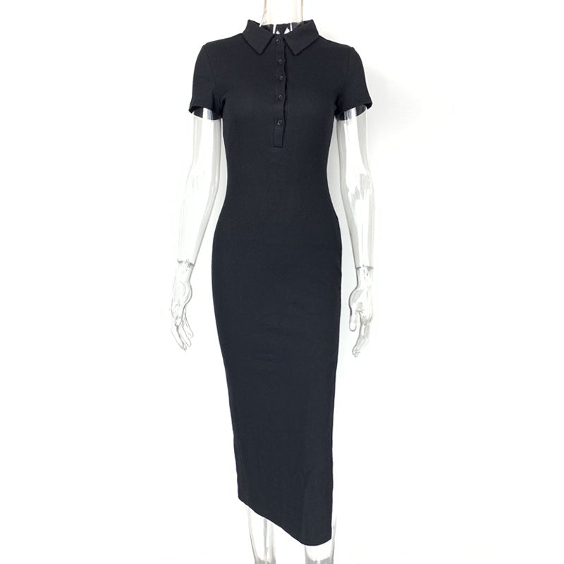 Women's collar short sleeved slit dress