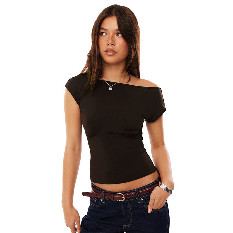 Women's Solid Color One-Shoulder Crop Top Sexy Short Sleeve T-Shirt