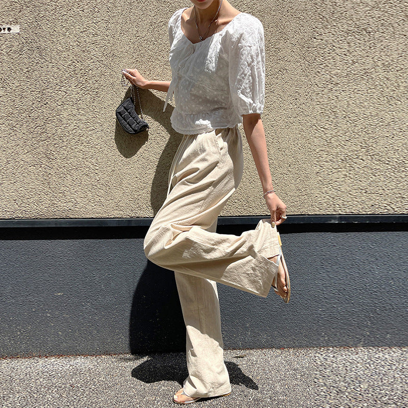 Cotton Linen High-Waist Drawstring Elastic Waist Casual Pants Women Loose Ankle-Length Trousers Summer New Breathable Slimming Straight Leg Pants