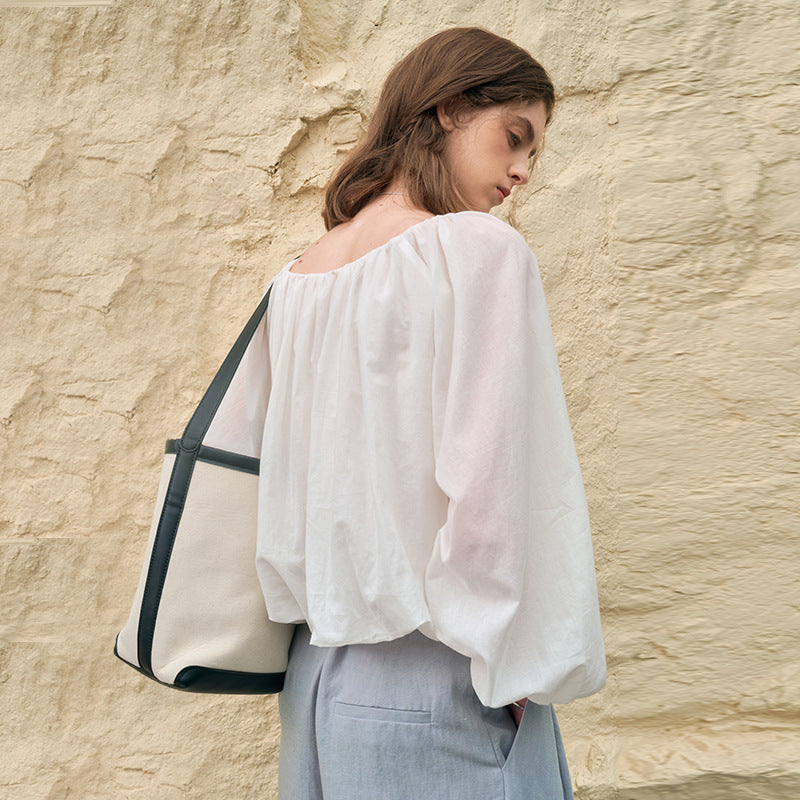 French Cotton Bubble Sleeve Top, Simple Crew Neck Long Sleeve Crop Blouse for Women