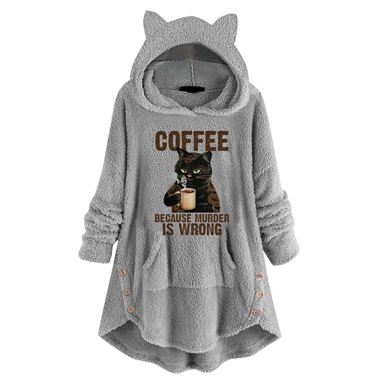 Fleece Hooded Long Sleeve Sweatshirt with Cat Ears and Print Pattern