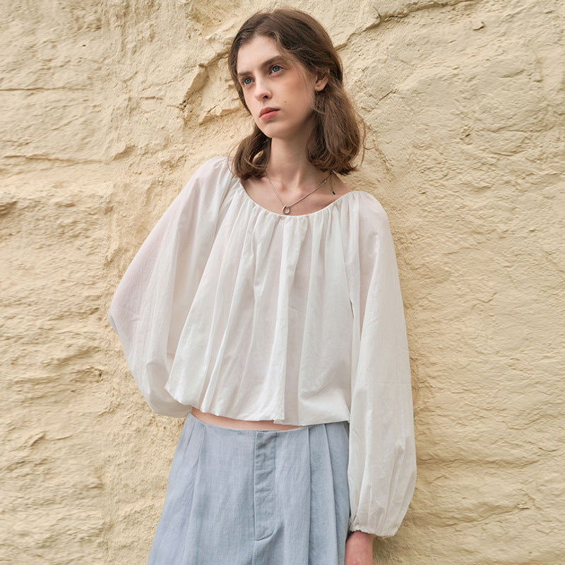 French Cotton Bubble Sleeve Top, Simple Crew Neck Long Sleeve Crop Blouse for Women