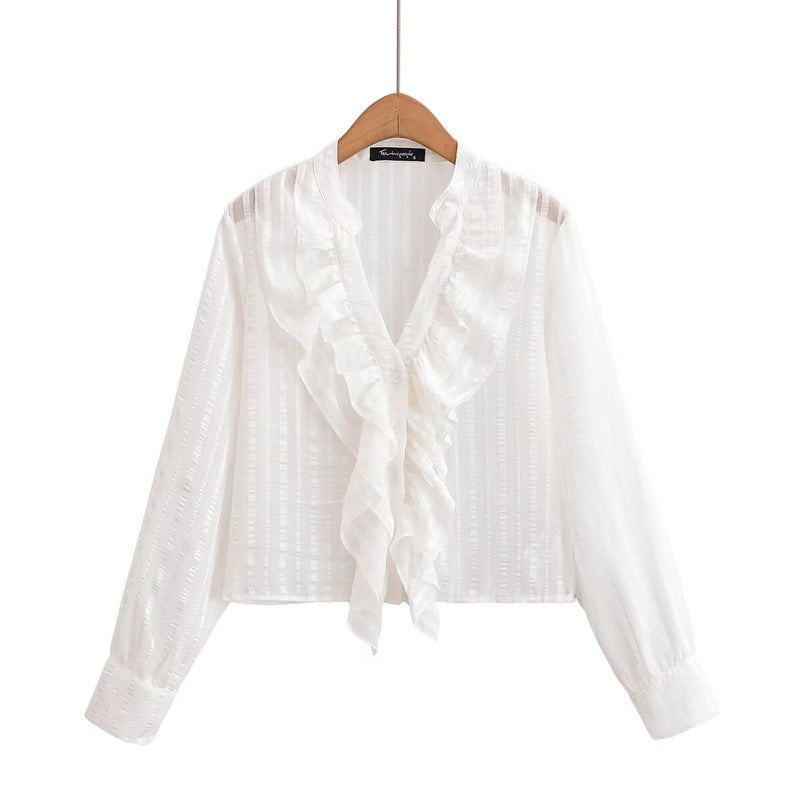 Elegant Style Women's Fashion Casual Versatile Loose Long Sleeve Ruffle Design Blouse