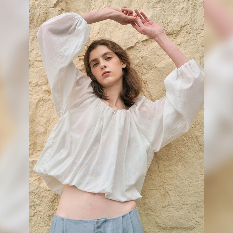 French Cotton Bubble Sleeve Top, Simple Crew Neck Long Sleeve Crop Blouse for Women