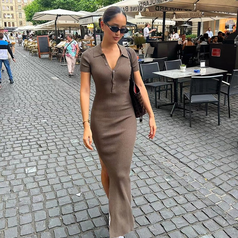 Women's collar short sleeved slit dress