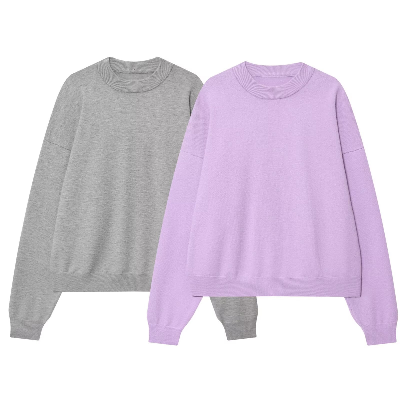 Solid color pullover round neck two-color ribbed sweatshirt for women