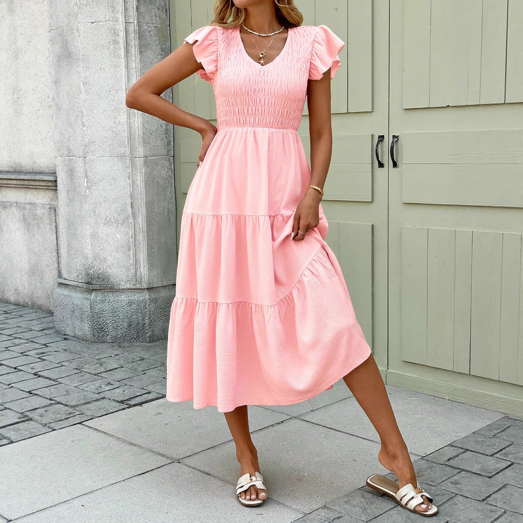 Style Flounce Layered Short Sleeve A-line Dress with Ruffle Sleeves