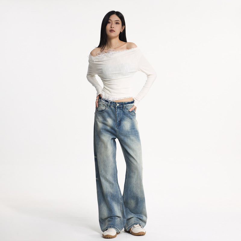 Washed Blue Bamboo Texture Flared Denim Pants Unisex Commuter Versatile Clean Fit Wide Leg Pants