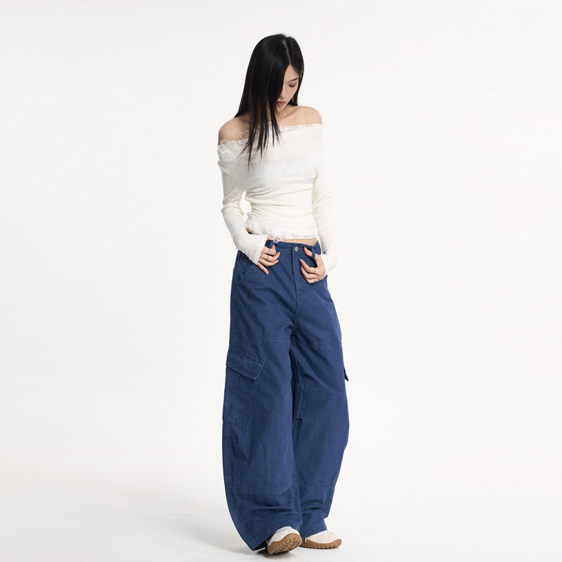Streetwear Deconstructed Distressed Wide-Leg Cargo Pants for Women, Loose Floor-Length Casual Knife-Edge Trousers