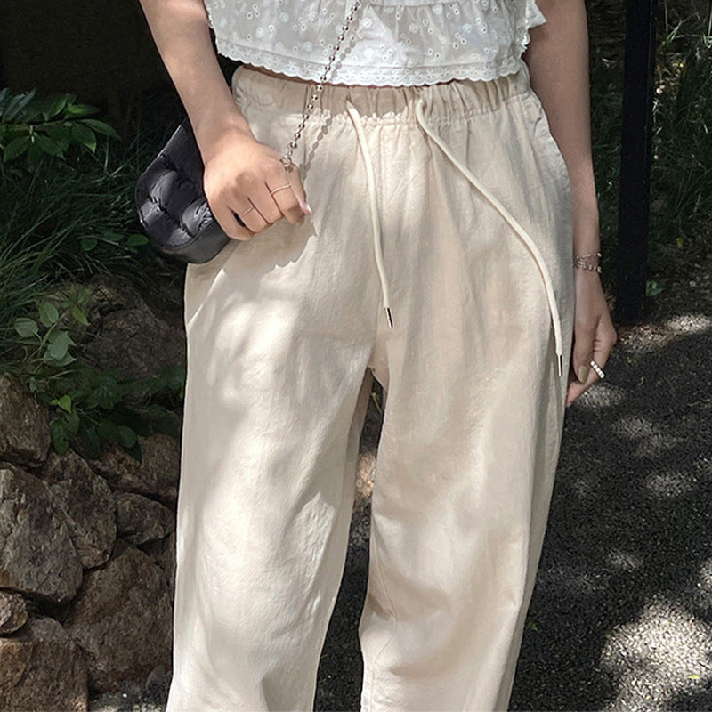 Cotton Linen High-Waist Drawstring Elastic Waist Casual Pants Women Loose Ankle-Length Trousers Summer New Breathable Slimming Straight Leg Pants