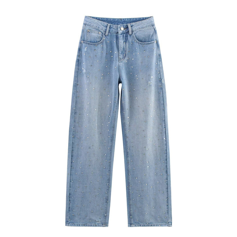 Elastic Waist Style Loose Vintage Commuting Rhinestone Decorated Denim Pants