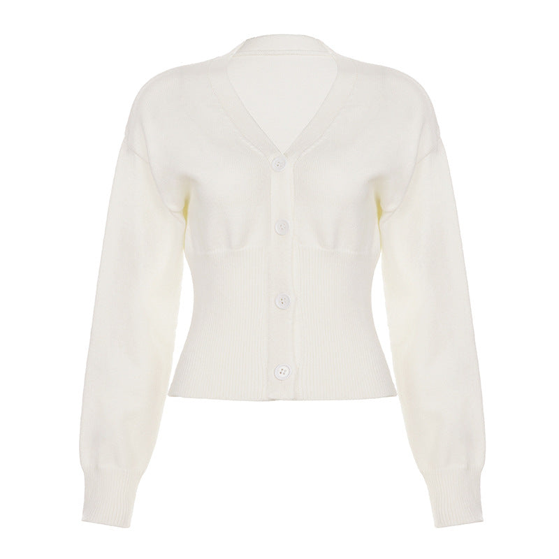 V-Neck Knitted Cardigan with Waistline Soft Solid Color Long Sleeve Short Top