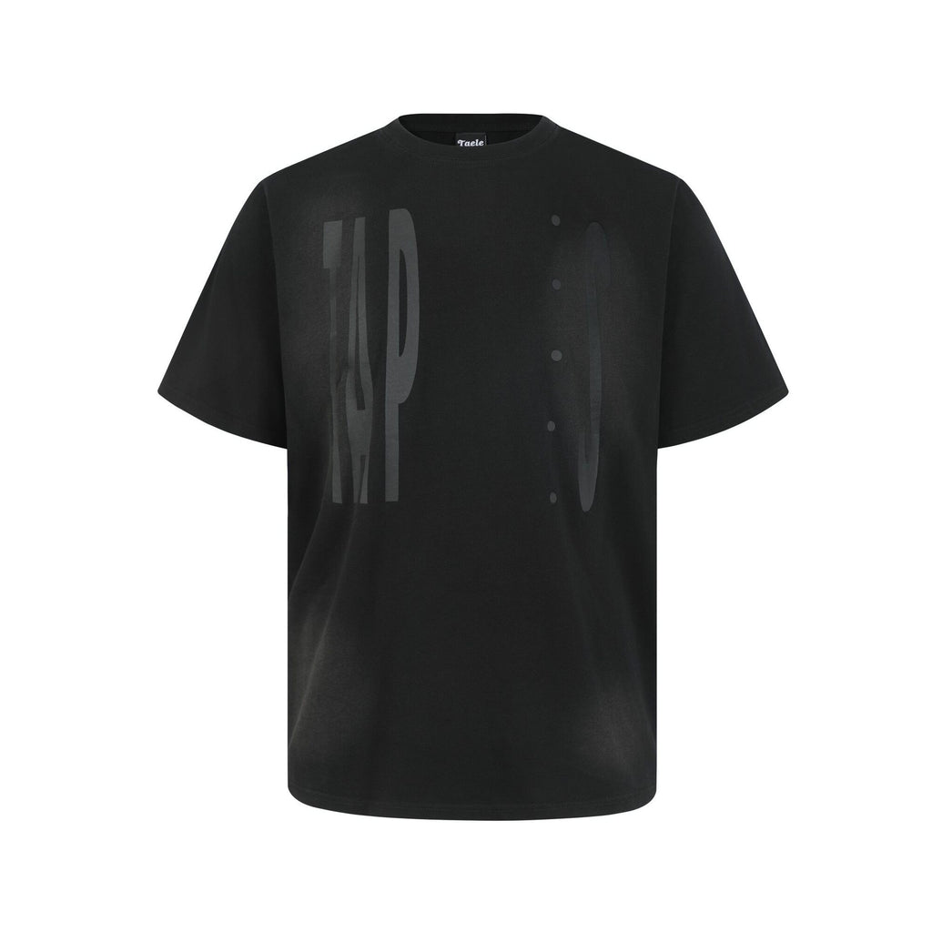 Water washed distressed spray printed short sleeved men's loose casual T-shirt with half sleeves
