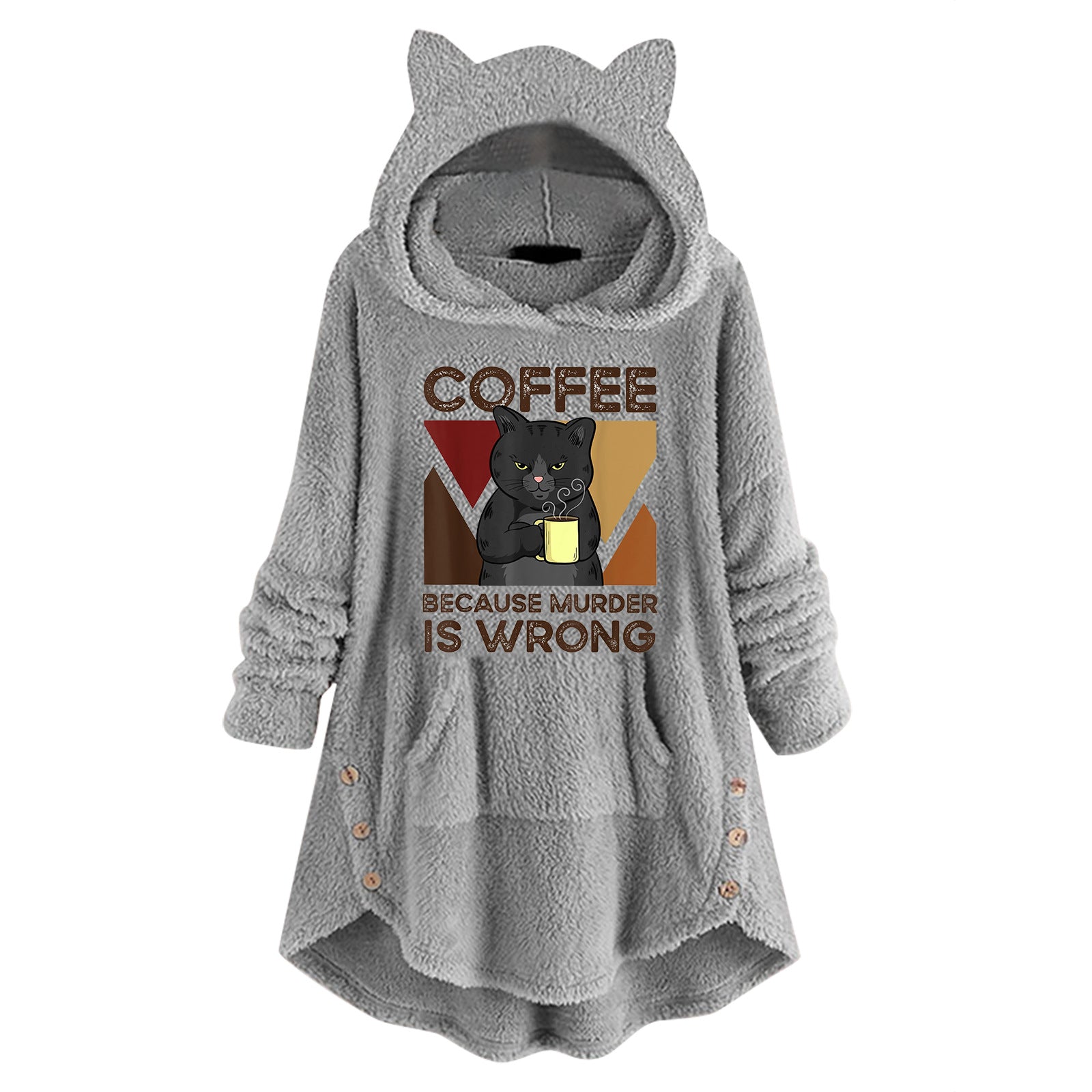 Fleece Hooded Long Sleeve Sweatshirt with Cat Ears and Print Pattern