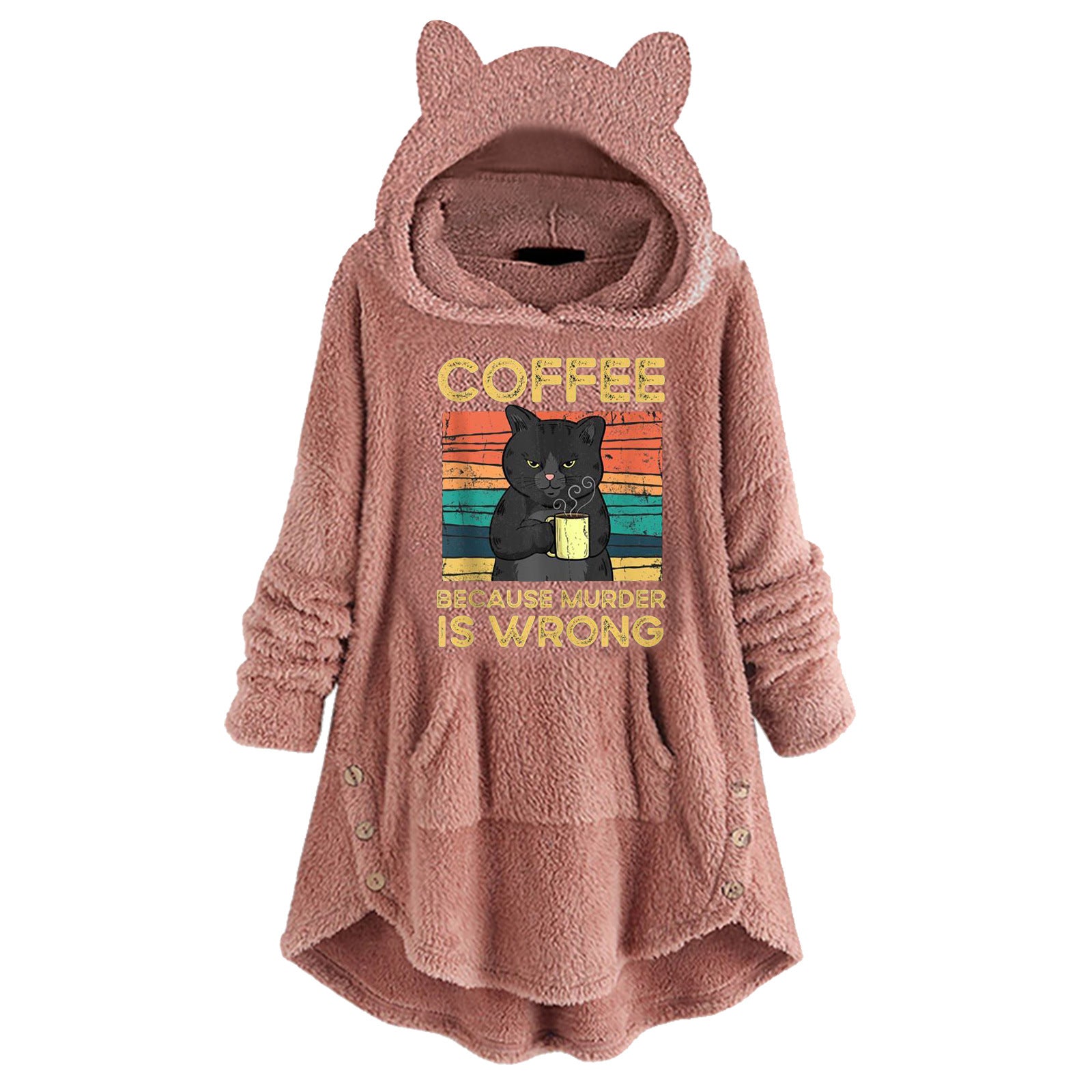 Fleece Hooded Long Sleeve Sweatshirt with Cat Ears and Print Pattern