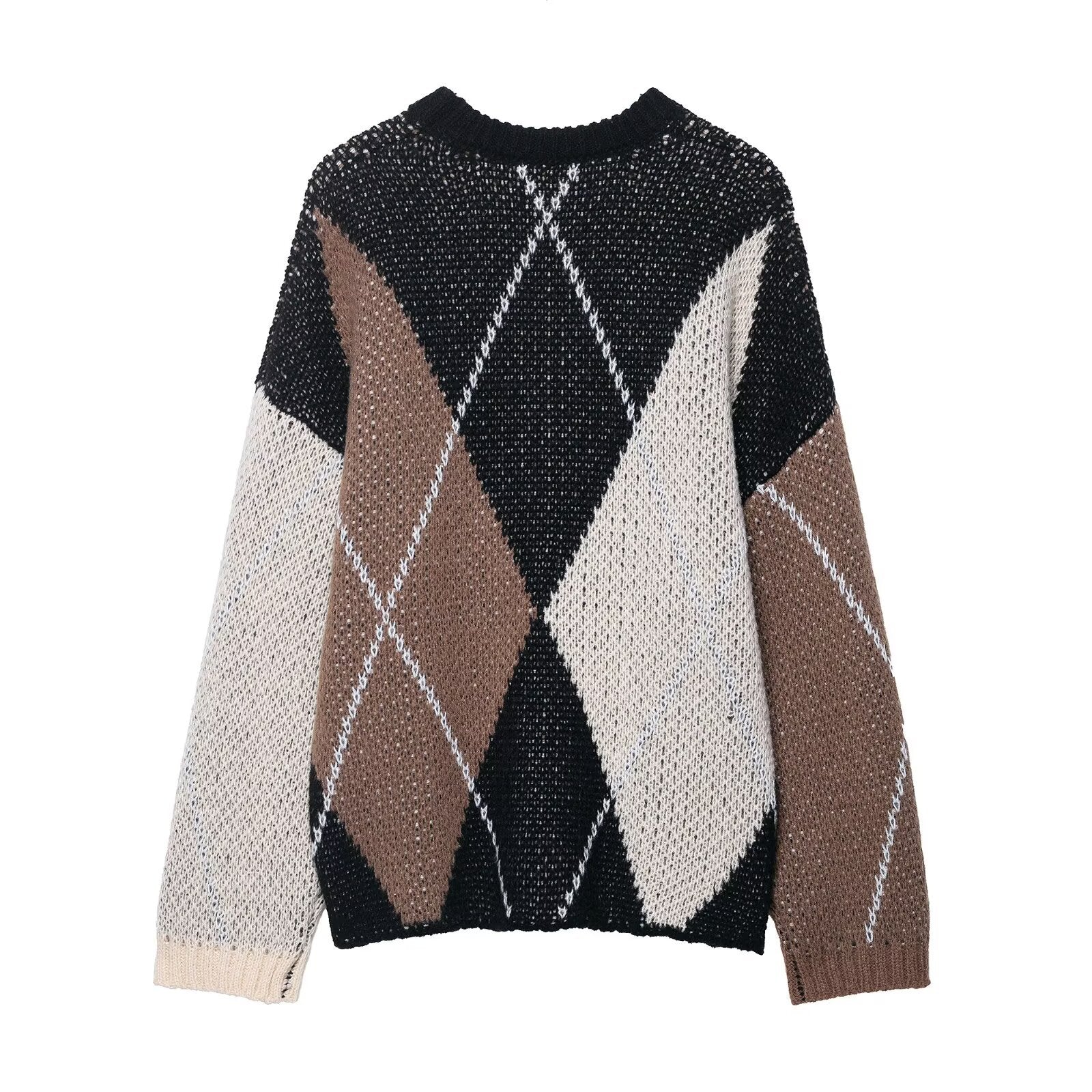 Round neck sleeveless diamond patterned knitted sweater for women
