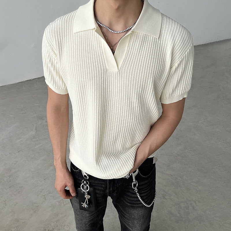 Striped texture lapel short sleeved men