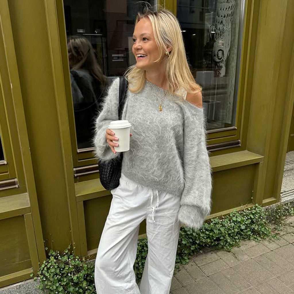 Oversized Crewneck Mink Fur Knit  Loose Solid Color Women's Sweater