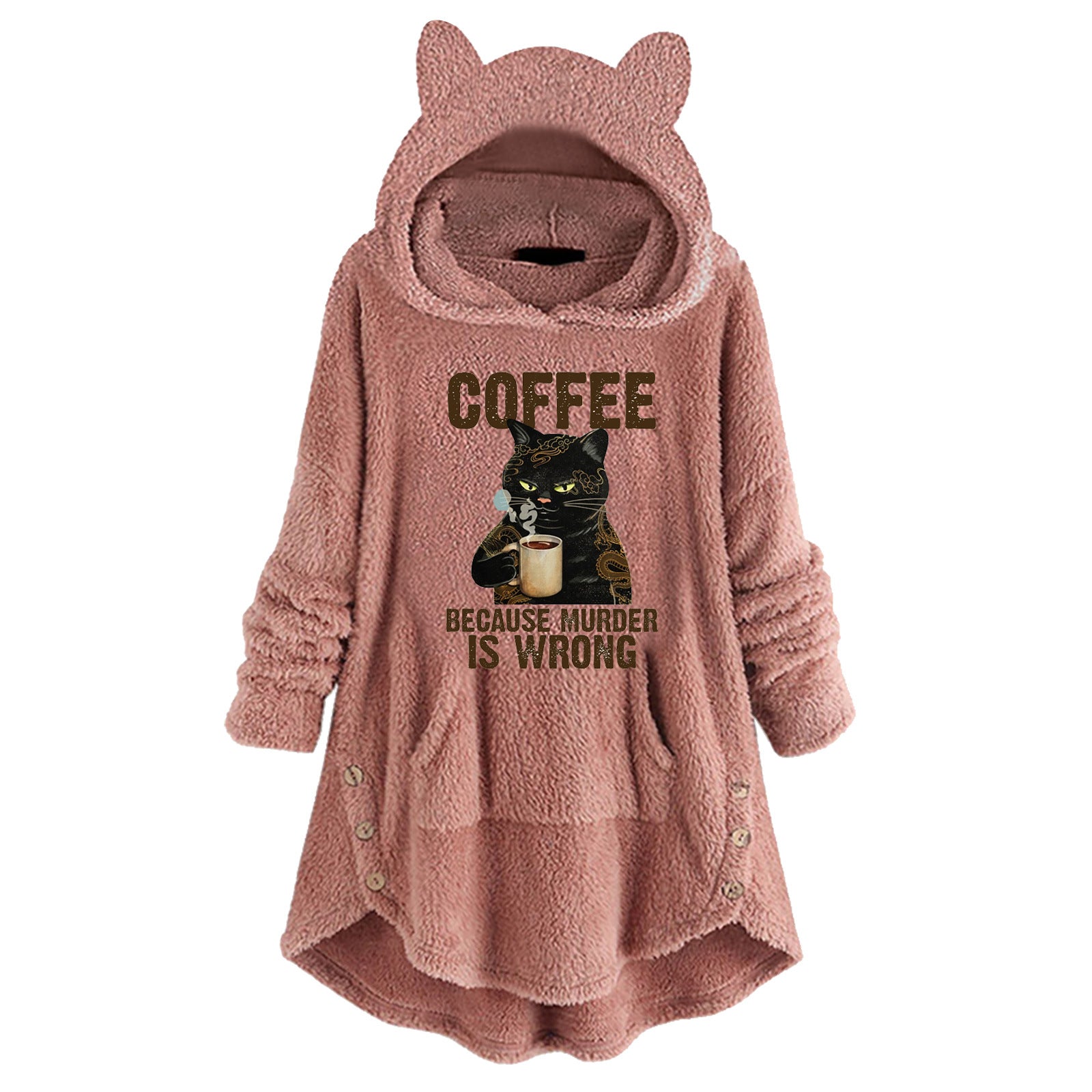 Fleece Hooded Long Sleeve Sweatshirt with Cat Ears and Print Pattern