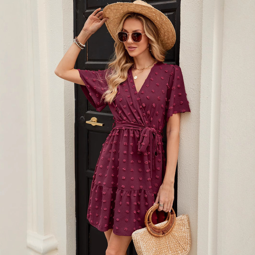 Style Ball Fringe Ruffle Sleeve V-neck Waist-tied Dress Midi Dress