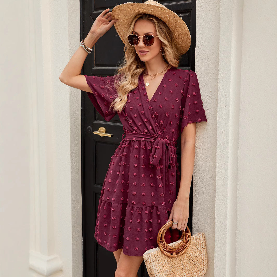 Style Ball Fringe Ruffle Sleeve V-neck Waist-tied Dress Midi Dress